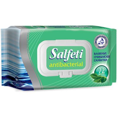 Салфетки влажные Salfeti antibac, 72 шт, высший сорт, антибактериальные, с пластиковым клапаном